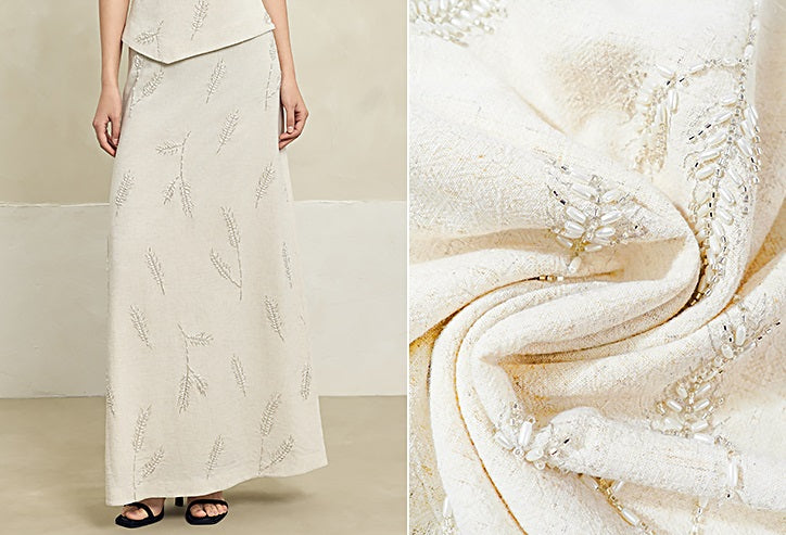 HECO Linen Pearl Leaf Bead Embroidery High Waist Long Skirt Women - JUDAH.