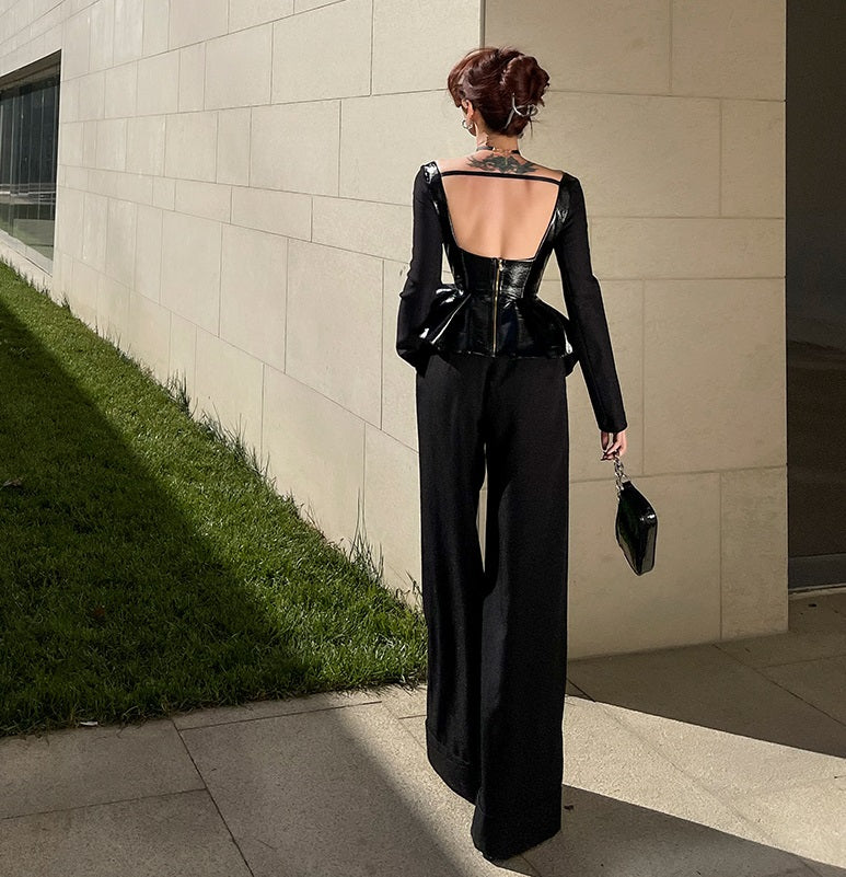 Le Palais  black patent leather fishbone slim top-JENNY