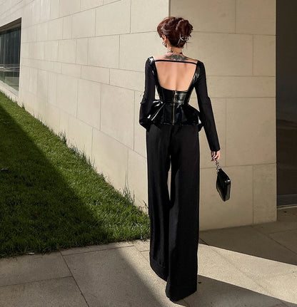 Le Palais  black patent leather fishbone slim top-JENNY