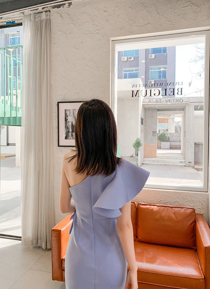 DOLLY Elegant Stylish Ruffle Off Shoulder Slim Fit Midi Slit Dinner Dress-LEOLA