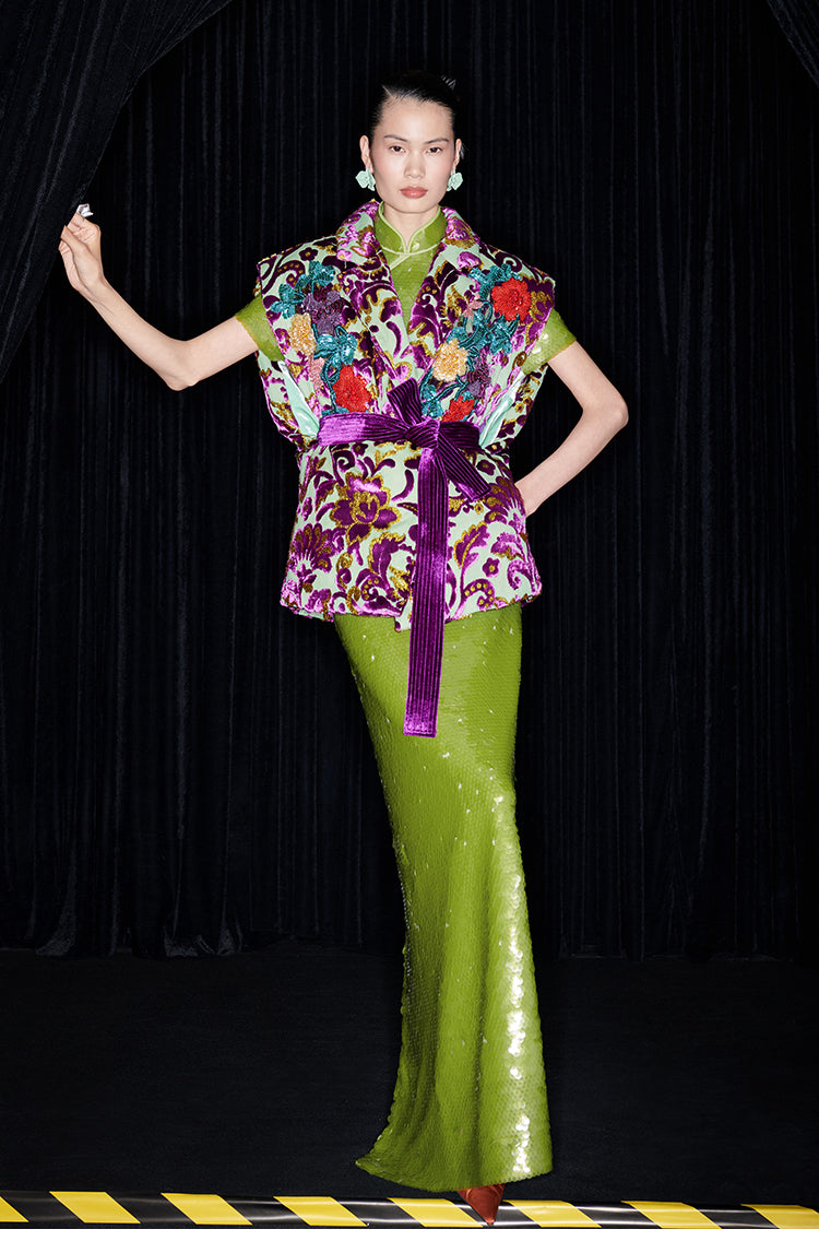 M essential Mackay luxury multi-color embroidered gilet vest top sequin green skirt - twelve