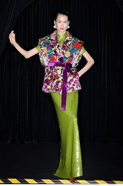 M essential Mackay luxury multi-color embroidered gilet vest top sequin green skirt - twelve