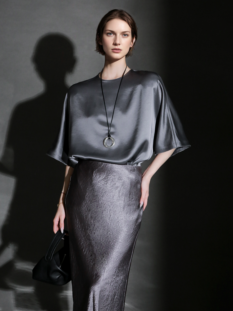 PIAOIN light luxury acetate satin glossy mid sleeve body shirt - CHARLOTTE