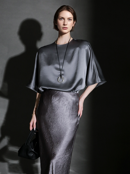 PIAOIN light luxury acetate satin glossy mid sleeve body shirt - CHARLOTTE