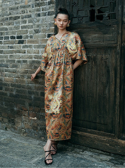 HECO Chinese Waist Cinched V-Neck Dress - QIN