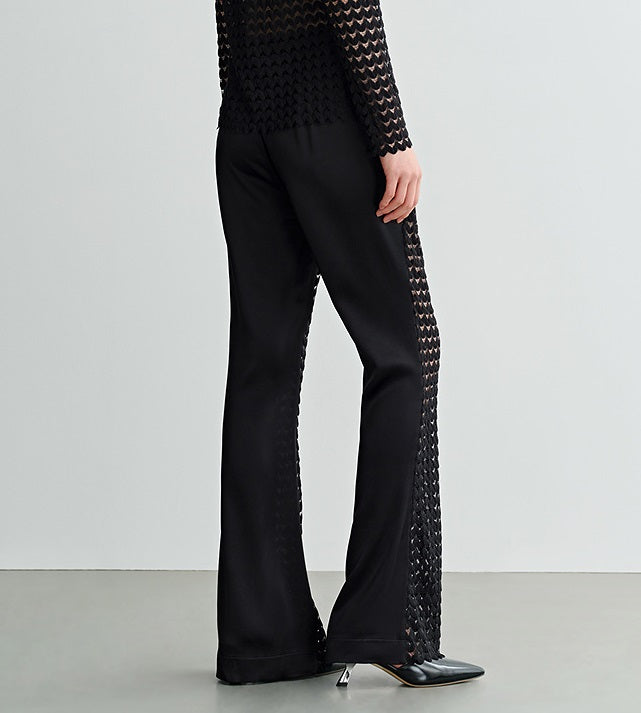 COMME MOI summer black cut-out satin panel flared pants - MADELYN.