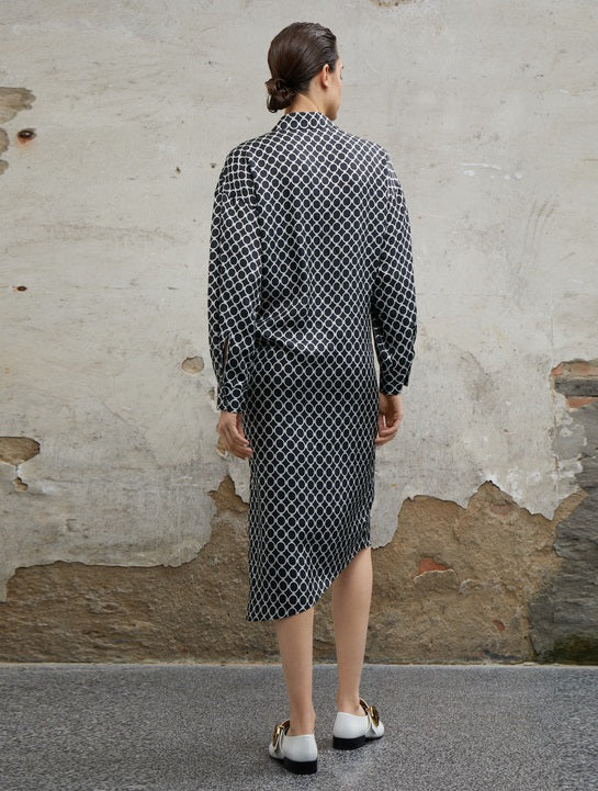 COMME MOI Lv Yan designer women's elegant silk black and white printed long sleeve dress - EMILIA.