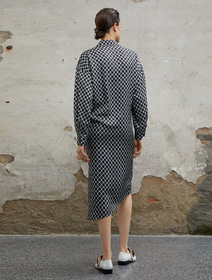 COMME MOI Lv Yan designer women's elegant silk black and white printed long sleeve dress - EMILIA.