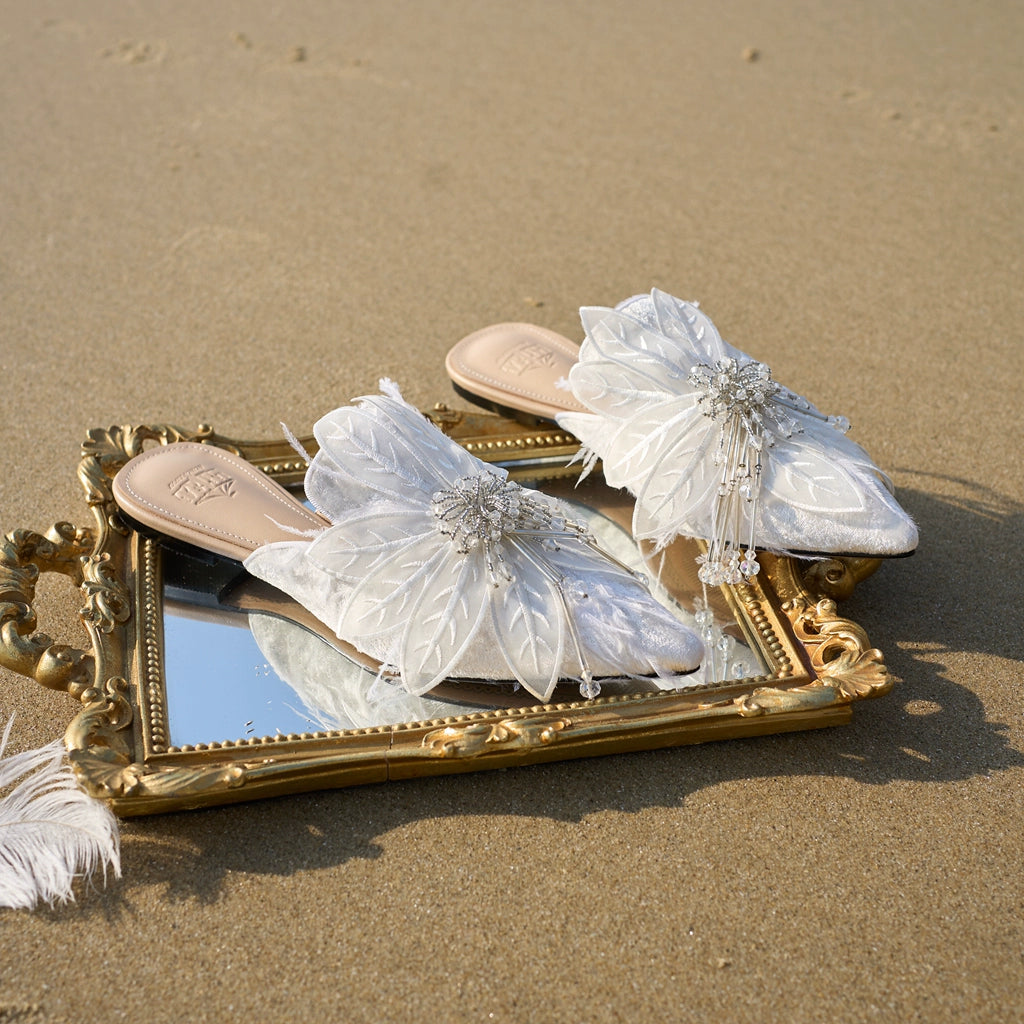 B-FEI white feather flower rhinestone flat mules-ARJO.