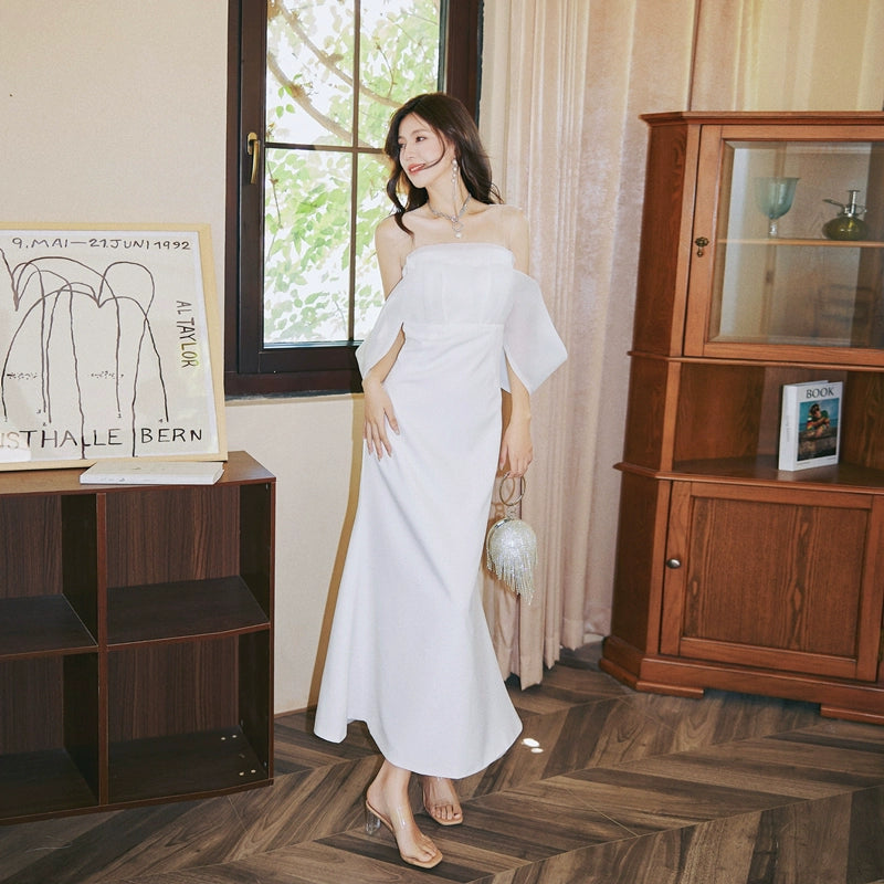 DOLLY Elegant Ruffled Off Shoulder Chest Wrap Long Fish Tail Banquet Dress-KALYA