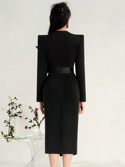 CHECOCRE Classy Design Sense Slit Temperament Elegant Black Suit Dress - ENYA