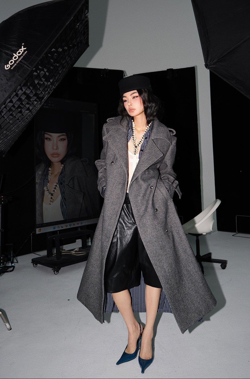 MEI SANGUAN gray double-breasted shoulder pads woolen jacket - KAIA