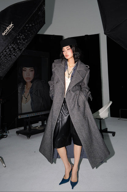 MEI SANGUAN gray double-breasted shoulder pads woolen jacket - KAIA