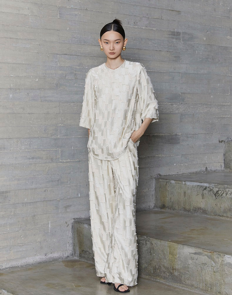 HECO Round Neck Square Tassel Design Texture Shirt Top Women - reign.