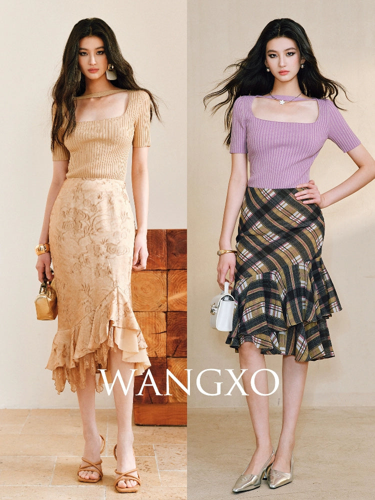 WANGXO | Phantom Shiny Silk with Hemp Retro Square Neck Slim Ribbed Knit Short Sleeve Top -ZARA