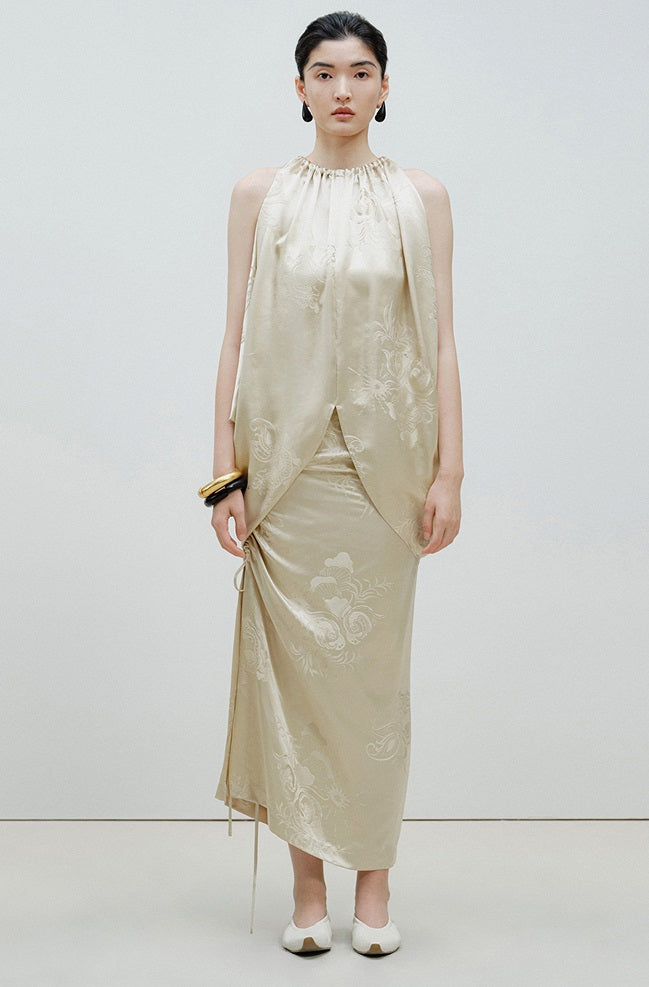 ZHUCHONGYUN Jacquard Drawstring Mulberry Silk Top-MAROON.