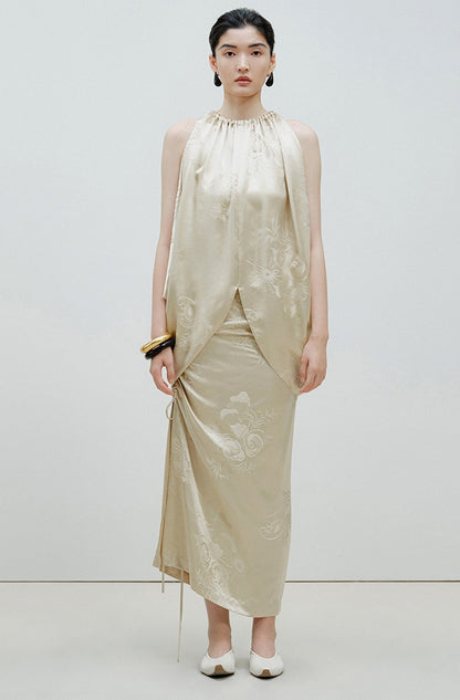 ZHUCHONGYUN Jacquard Drawstring Mulberry Silk Top-MAROON.