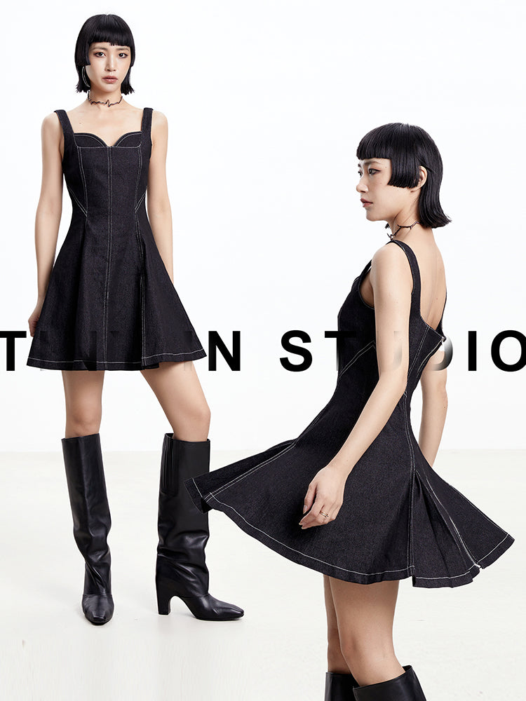 TINY IN topstitched denim women's summer short black dress -DAZE