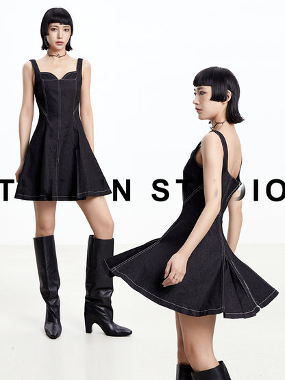 TINY IN topstitched denim women's summer short black dress -DAZE
