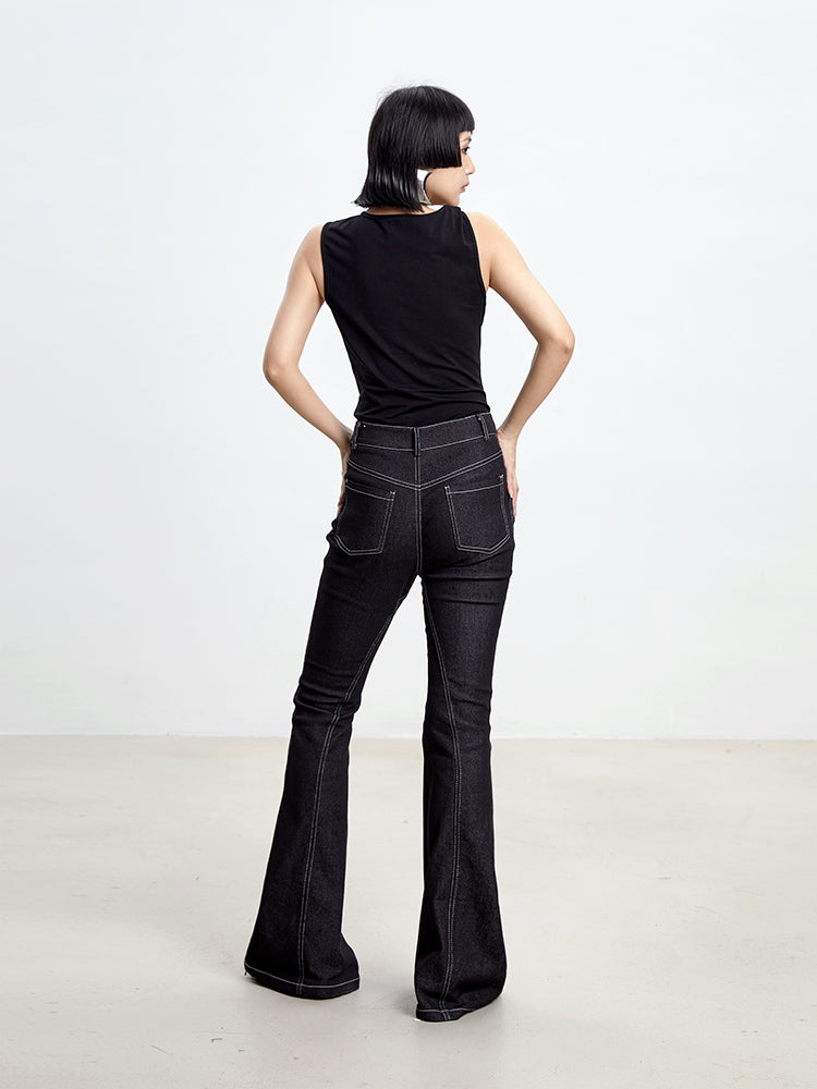 TINY IN black flared women's stitched versatile jeans-RIZU