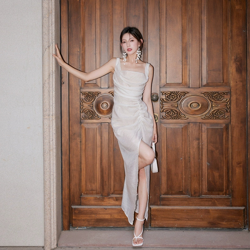 DOLLY High End White Retro Style Sleeveless Long Pleated Slit Cocktail Dress-SARAI