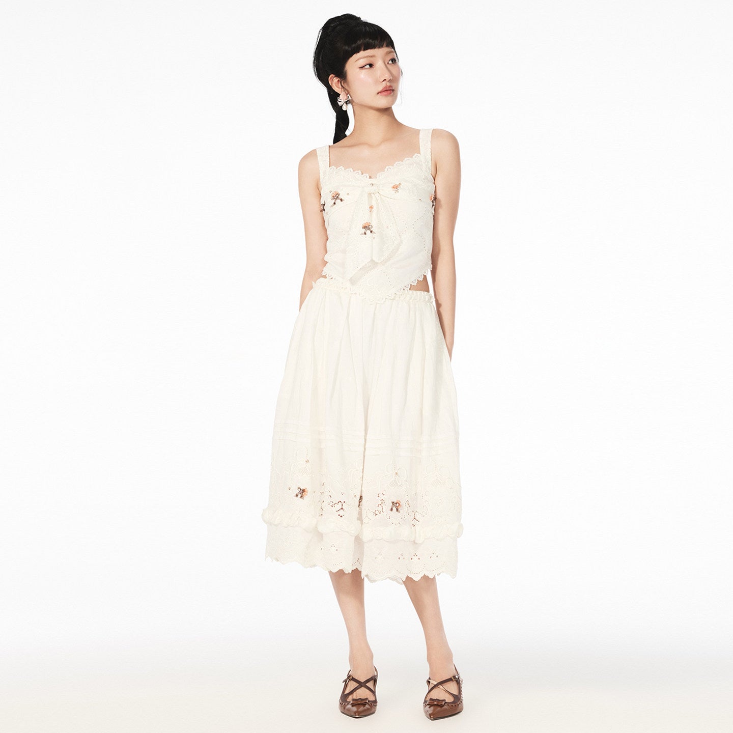 FAME rococo embroidered beaded fake two-piece camisole top - FIONA