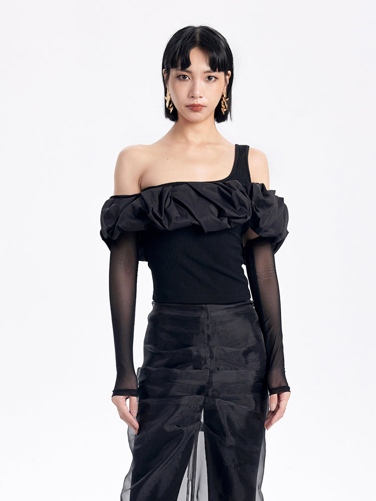 TINY IN  ruffle slanted shoulders cropped top with mesh sleeve -ZAN