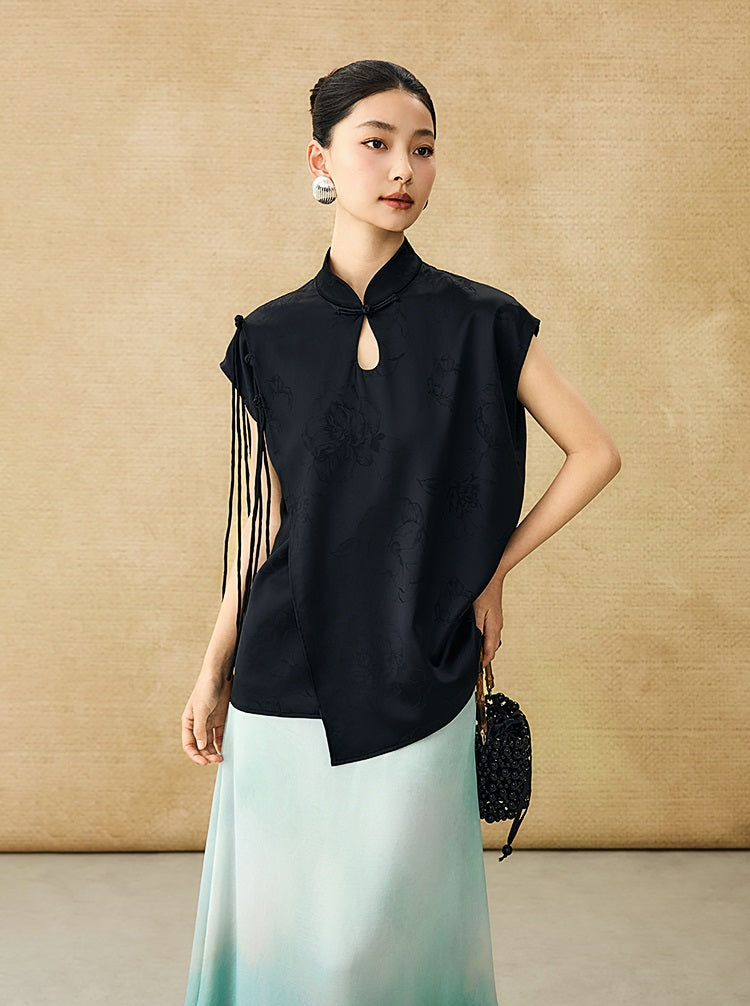 HECO Chinese Peony Buckle Short Sleeve Acetate Tassel Top - TEACH .