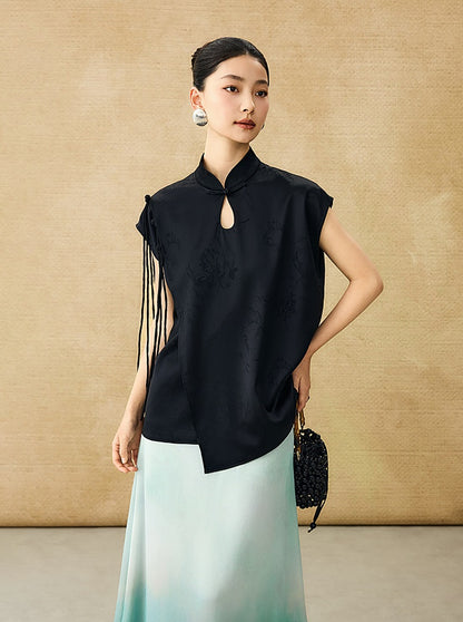 HECO Chinese Peony Buckle Short Sleeve Acetate Tassel Top - TEACH .