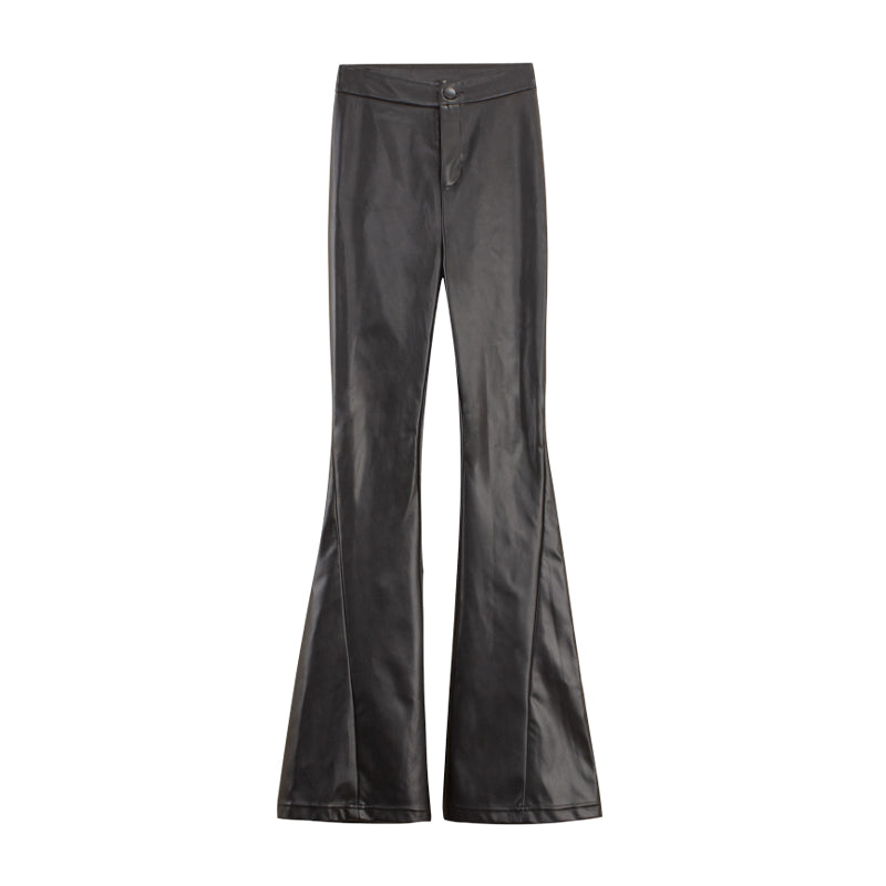 Le Palais Vintage High End Black Leather New Chinese Top + High-waisted Hip Leather Flared Pants-Zhuri.