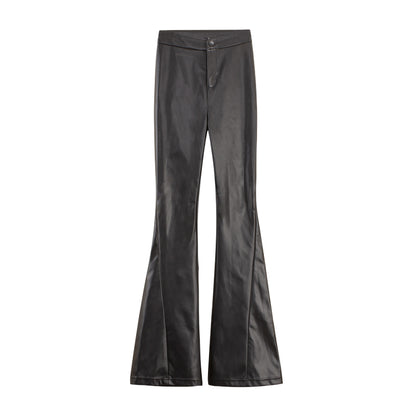 Le Palais Vintage High End Black Leather New Chinese Top + High-waisted Hip Leather Flared Pants-Zhuri.