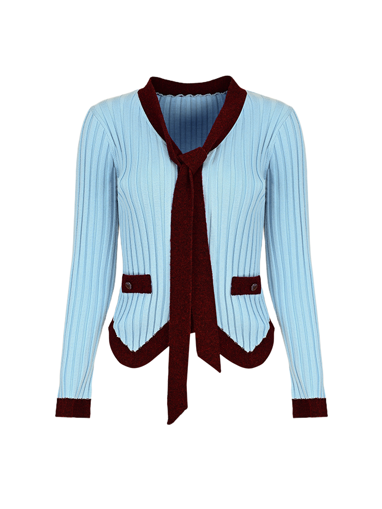 YES BY YESIR ribbed texture maroon accents scarf-tie neckline top - HEAT.