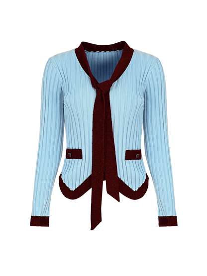 YES BY YESIR ribbed texture maroon accents scarf-tie neckline top - HEAT.