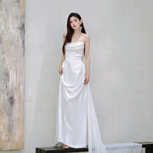 DOLLY Luxury White Bandeau Stain High Waist Long Wedding Guest Dress-Lola