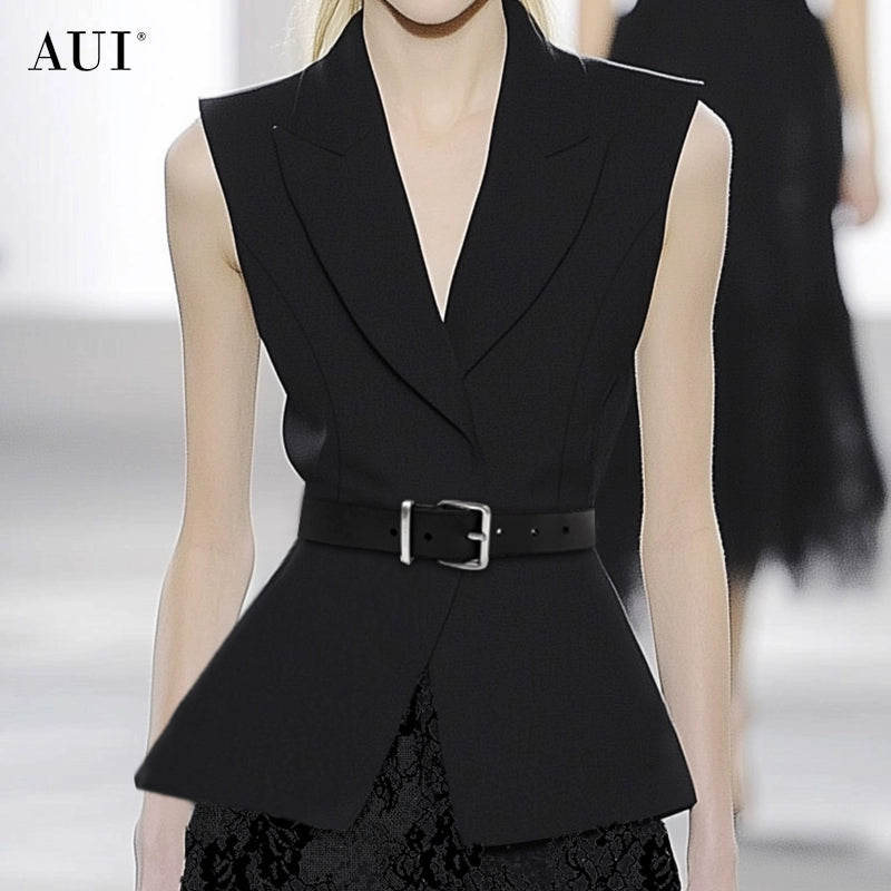 AUI Black  Professional Short Small Blazer Sleeveless Slim Suit -  Ha-yoon.