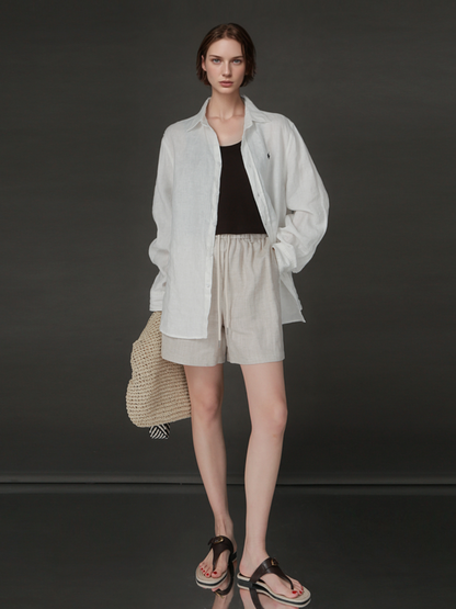 PIAOIN Light Luxury Tencsel Linen Elasticated Waist Drawstring Shorts Versatile Straight Pant-AMELIA