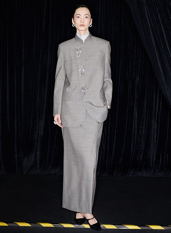 M essential Mackay designer raw linen skinny wool crystal lamp tassel bead suit - CHEN.