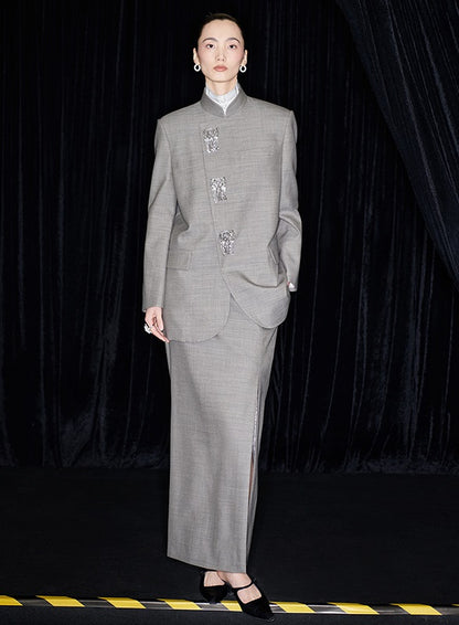 M essential Mackay designer raw linen skinny wool crystal lamp tassel bead suit - CHEN.