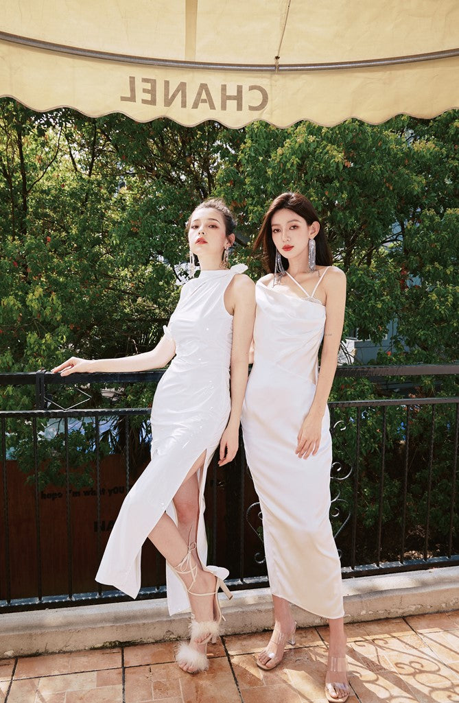 DOLLY Elegant Blue French Style Satin Sleeveless Pleated Hip Long Slit Dinner Dress-AVA