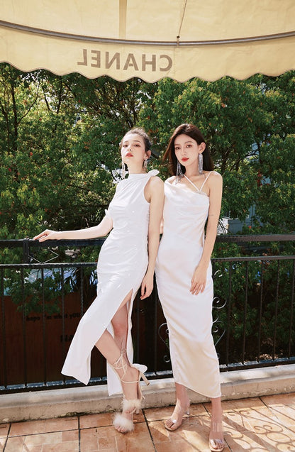 DOLLY Elegant Blue French Style Satin Sleeveless Pleated Hip Long Slit Dinner Dress-AVA