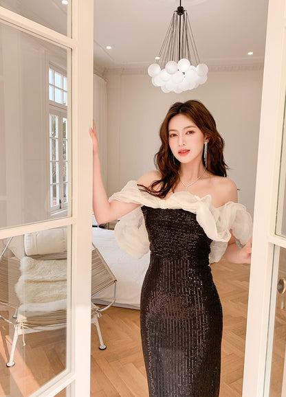 DOLLY Luxury Black Off Shoulder White Ruffle Chest Wrap Long Banquet Dress-NOLA