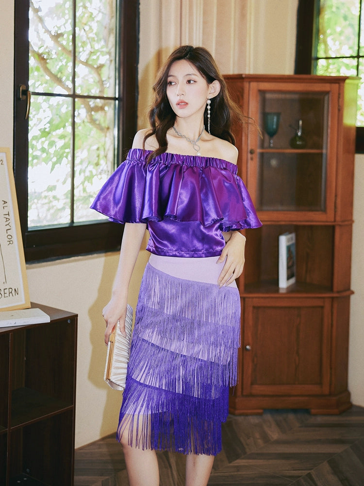 DOLLY Elegant Purple Satin Ruffle Of Shoulder Top+ Gradient Tassel Skirt-ZAYN