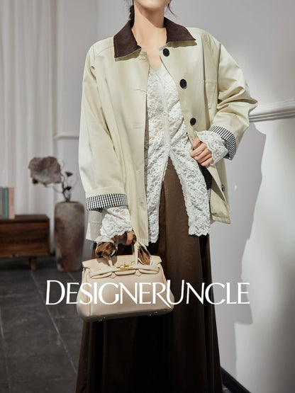 DGU| Off-white trench niche design plaid patchwork lapel long-sleeved jacket - PRAISES.