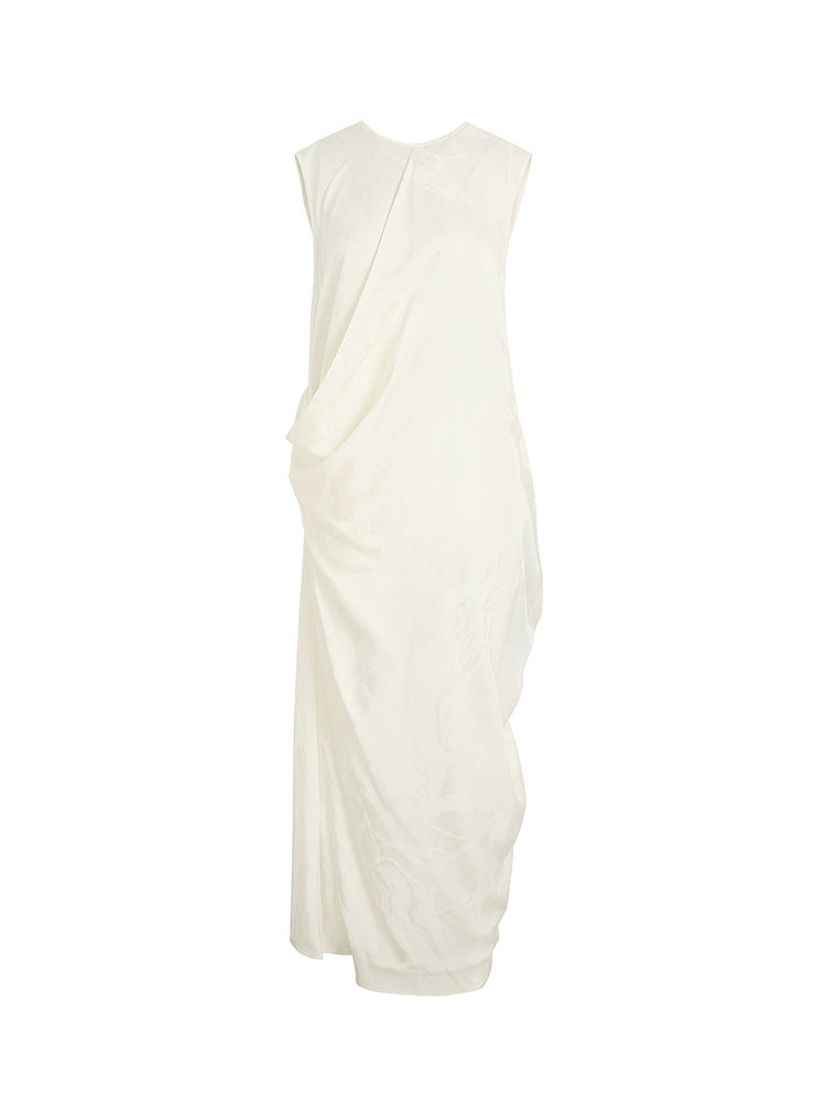 ZHUCHONGYUN White Dark Texture Pleated Sleeveless Dress-KATAKURI.