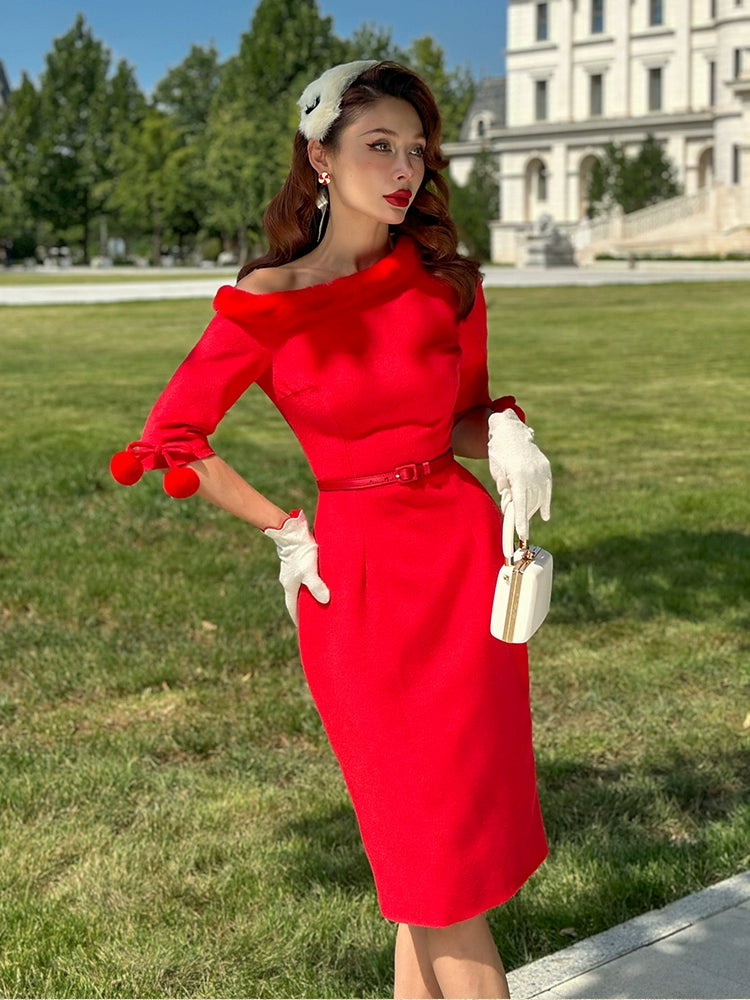 Le Palais Vintage Red Trim Tweed Off-the-Shoulder Dress-DANA