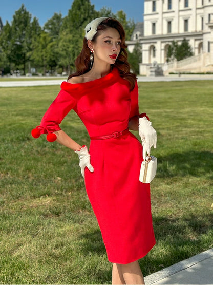 Le Palais Vintage Red Trim Tweed Off-the-Shoulder Dress-DANA