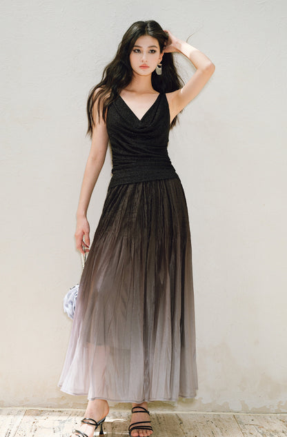 WANGXO | Elegant Swing Neckline Pleated Waist Beaded Camisole Top- SENA