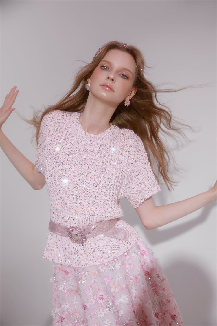 Wardrobes by Chen Elegant Pink Sequin Embroidered Long midi Skirt - Jiaa