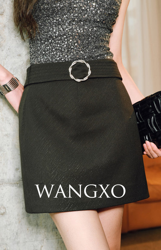 WANGXO Twill with Sequined Silk Wide Belt A-Line High-Waisted Short Skirt - NYXIE.