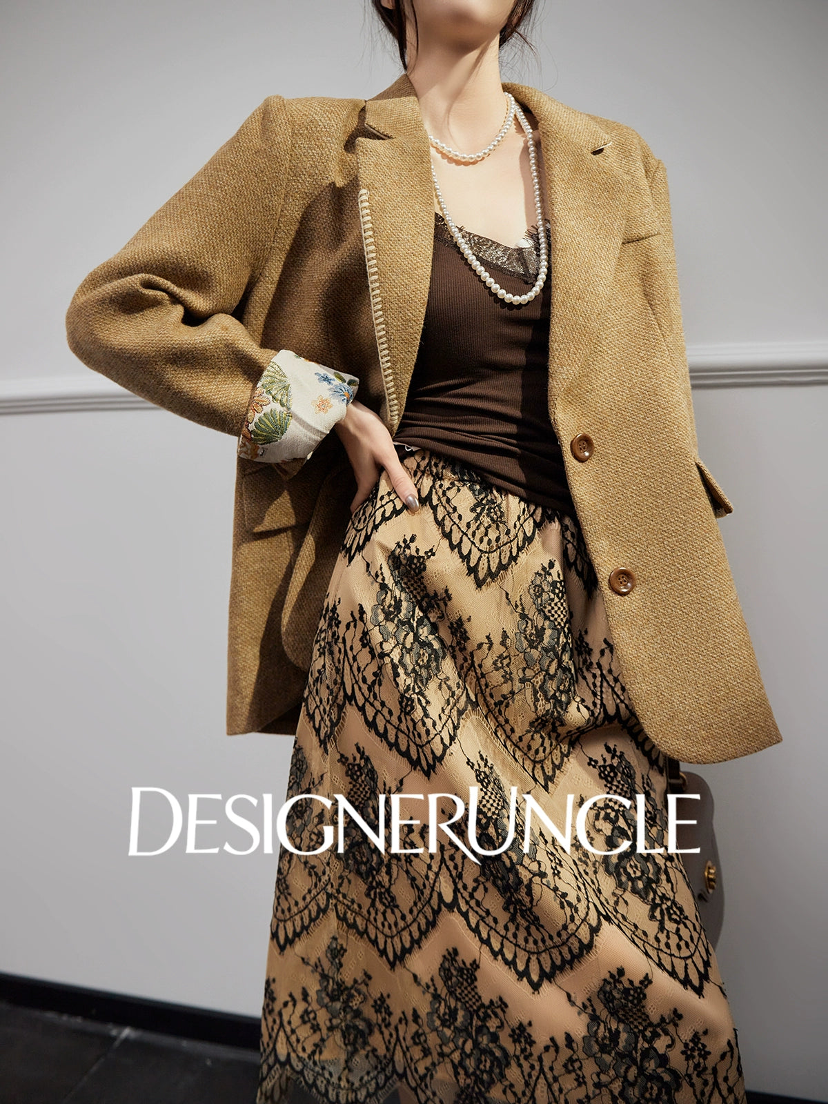DGU| Coffee Suit Single-Breasted V-Neck Knitted Cardigan Woven Hip Skirt Set - MAKER.